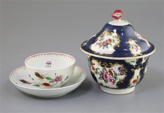 A Worcester sugar bowl and cover and an Astley/Harvest bug tea bowl and saucer, c.1770-5,